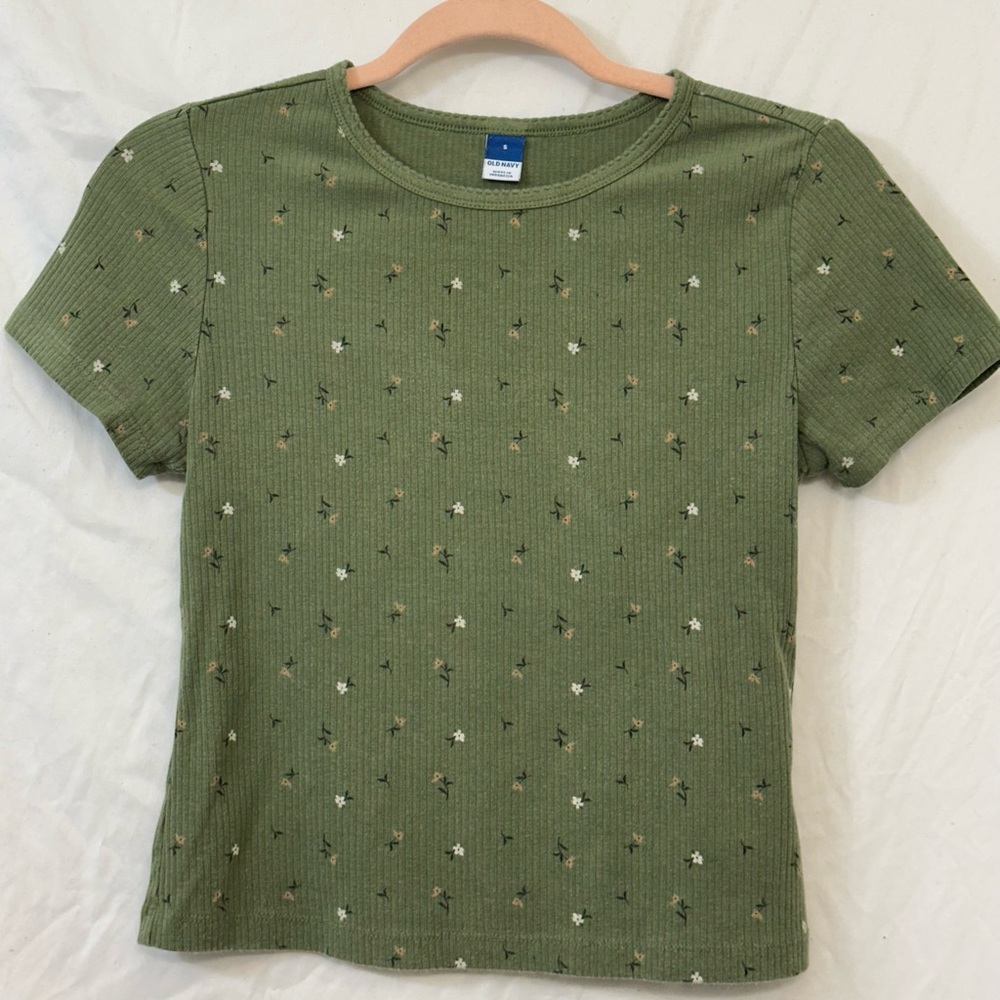 Green Floral Ribbed Top